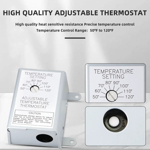 Replacement Attic Fan Motor Kit With 1100 RPM 1/10 HP 120V, 58033 adjustable thermostat switch, temperature control range details.