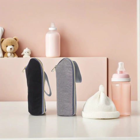 Legit Gotta Have 2 Piece Insulated Baby Bottle Carrier Tote With Stroller Hook Portable Nursing Milk Warmer Bag Waterproof Thermal Sleeve in grey and black.