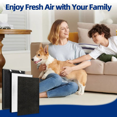 Family with dog beside Replacement Filter Set Fits Bissell Air Purifiers Air220 And Air320 3 In 1 Pleated Filter Pack