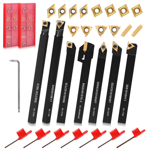 All In One 21 Piece Indexable Lathe Tool Set With Seven Three Eighths Inch Tool Holders And Fourteen Carbide Inserts shown.