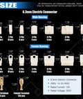 All In One 400Pcs 6.3mm Wire Connector Kit With Male And Female Sockets, Pins And Crimp Terminals For Motorcycle, Car, Bike And Boat Easy Install, displaying size and types of connectors.
