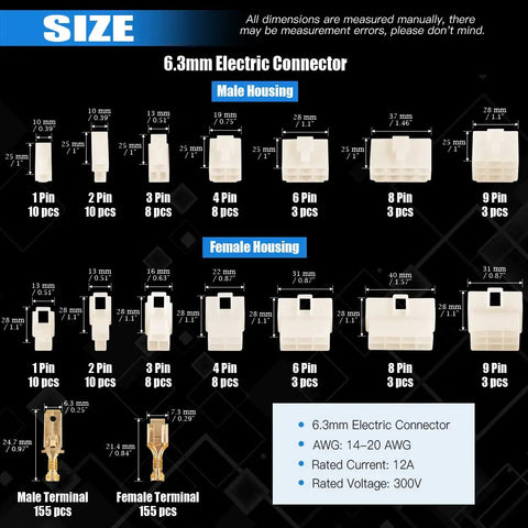 All In One 400Pcs 6.3mm Wire Connector Kit With Male And Female Sockets, Pins And Crimp Terminals For Motorcycle, Car, Bike And Boat Easy Install, displaying size and types of connectors.