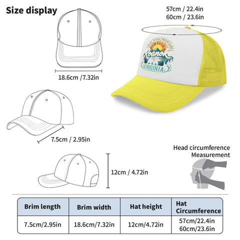 Yellow Breathable Cap For Men With Adjustable Buckle, All Season Comfort Hat For Everyday Wear, shown with size measurements