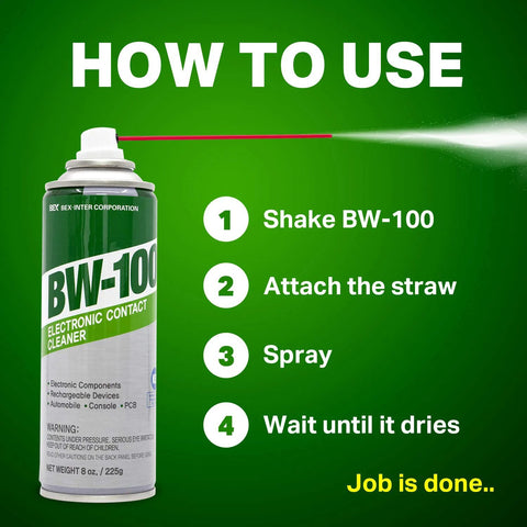 Front view of BW-100 non-flammable electronic contact cleaner aerosol can, 8 oz (225 g), green label.
