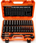 32 Piece 1/2 Inch Drive Impact Socket Set With Metric 10mm-24mm And SAE 3/8 Inch-1 Inch Deep Sockets Extension Bar Swivel Socket Adapter CR-V Steel Built For Auto Repair And Heavy Duty Mechanic Work in orange case