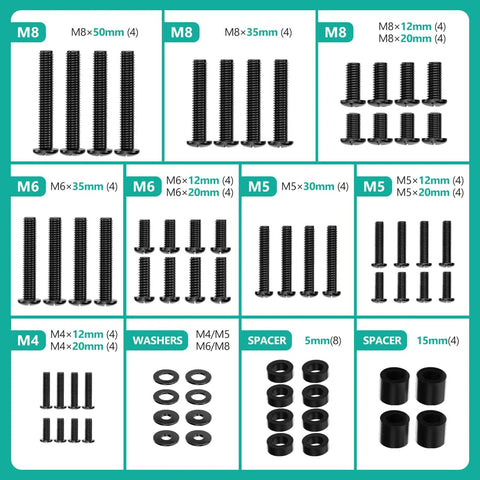 Universal TV Mount Hardware Kit Featuring M4 M5 M6 M8 Screws And Spacers In A Sturdy Organizer Box showing various screws and spacers arranged.