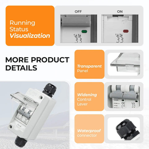 40Amp 550V DC Solar Panel Disconnect Switch For Solar PV Homes Mini Circuit Breaker Box with transparent panel and control lever