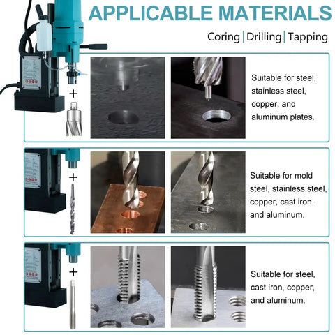 Zinnore 1800w Magnetic Drill Press With Heavy Duty Base And Powerful Torque For Portable Metal Working Tasks Featuring Robust Mag Force and Versatile Design Ideal For Industrial Fabrication Jobs And On Site Steel Boring Needs showing suitable materials for coring, drilling, and tapping.