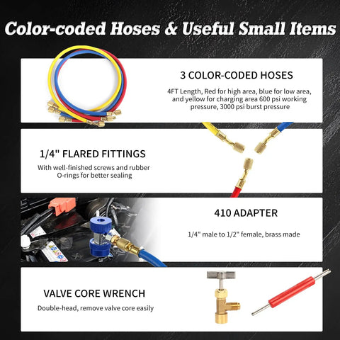 3 Way AC Manifold Gauge Set With Quick Couplers And 410 Adapter For R134A R410A R22 R404A Refrigerants 4 Ft Color Coded Hoses
