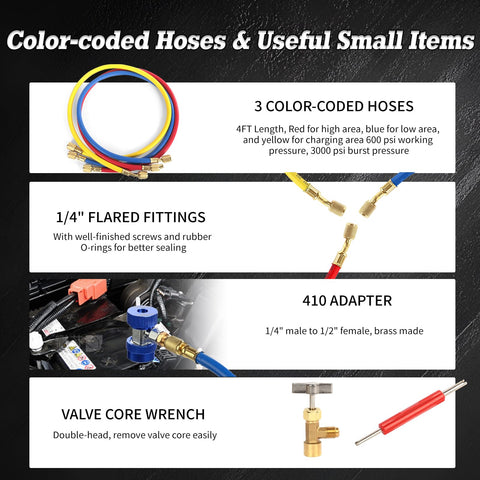 Vacuum Pump And Gauge Set With Brass Manifold, 4.5 CFM, Quick Couplers, color-coded hoses, adapter, valve core tool details