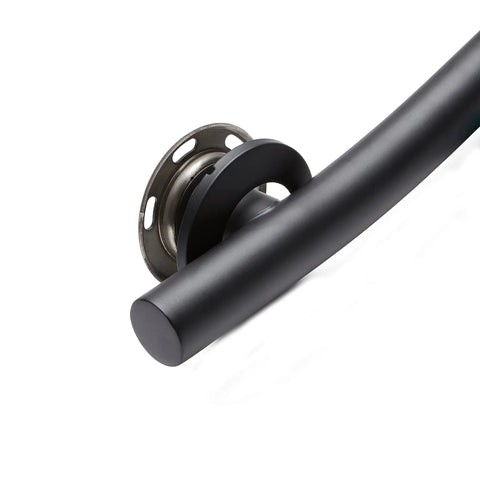 36 Inch Designer Wave Shaped Shower Grab Bar In Matte Black, Dope Modern Bath Safety Rail end close-up with mounting bracket.