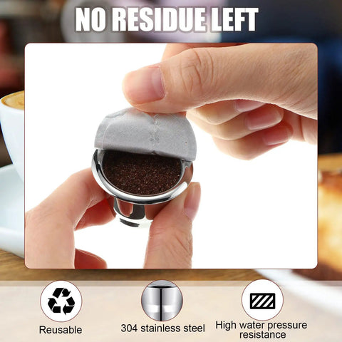 Hands sealing coffee grounds in stainless steel pod with aluminum lid, part of Stainless Steel Reusable Espresso Capsules Set For Nespresso Machines.