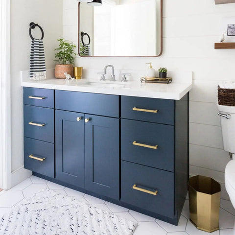 Bathroom vanity with 25 Pack Gold Cabinet Handles 3 Inch Hole Centers Center To Center Drawer Pulls Set for Kitchen Cabinets and Furniture.