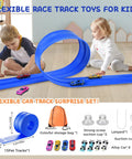 Kids playing with Totally 15 Ft Flexible Race Track Set For Kids 3 Plus With 8 Cars And 4 Suction Cups on floor