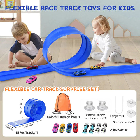 Kids playing with Totally 15 Ft Flexible Race Track Set For Kids 3 Plus With 8 Cars And 4 Suction Cups on floor
