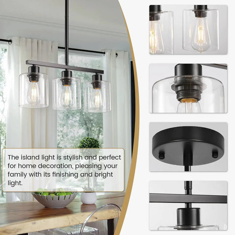Sleek Black Three Light Kitchen Island Pendant Lamps Using Dimmable E26 Base hanging above a dining table with clear glass shades, bright ambiance.