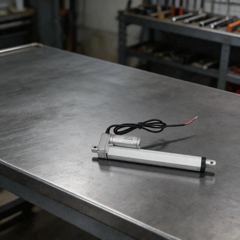 12V Electric Linear Actuator With Straight Push Pull Rod For Heavy Duty Industrial Automation And Sofa Lifts IP65 Waterproof, shown on metal surface.