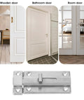 Two Pack Locks Down Tight Bathroom Stall Door Latch With 4 Inch Stainless Steel Slide Bolt Lock For Internal Doors Rust Resistant Heavy Duty Smooth Operator Hardware mounted on various types of doors.