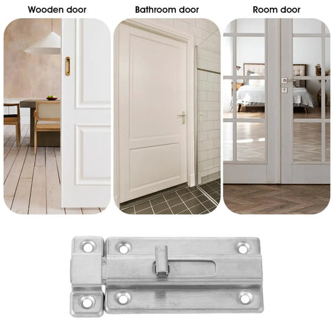 Two Pack Locks Down Tight Bathroom Stall Door Latch With 4 Inch Stainless Steel Slide Bolt Lock For Internal Doors Rust Resistant Heavy Duty Smooth Operator Hardware mounted on various types of doors.