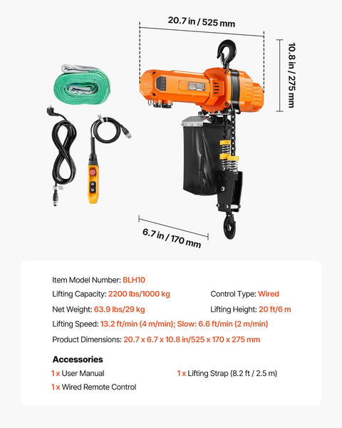 Dual Speed G100 Chain Electric Hoist Lifter With 2200 Lbs Capacity 20 Ft Lift Height 120V 60Hz Single Phase Overhead Crane