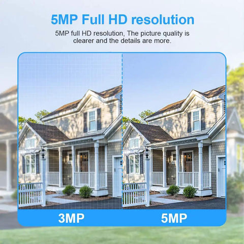 Comparison of 3MP and 5MP resolution in outdoor setting, showcasing 5MP PTZ WiFi Outdoor Security Camera With Color Night Vision.