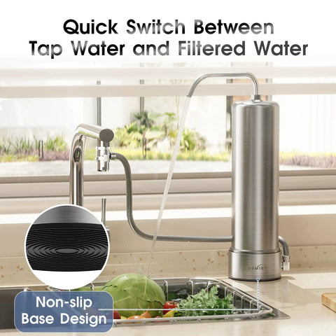 Replacement Filter For OM-CF01 Countertop Water Filter System with non-slip base next to kitchen faucet, 9 months, 1 pack
