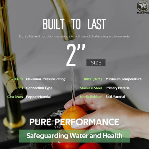 Image showing a hand washing a red pepper under a brass faucet with text detailing the durability and performance of the product.