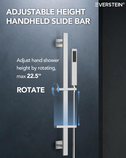Adjustable height handheld slide bar for shower, max 22.5" height adjustment, sleek design, complements Game Changing Bathroom Shower System With 28 Inch Led Waterfall Head 64 Color Mood Lighting Bluetooth Speaker Dual Massage Sprays Brushed Nickel Ceiling Mount Setup For Sick Relaxing Vibes At Home.