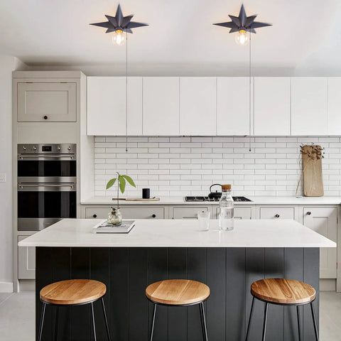 Black Star Flush Mount Ceiling Light With Pull Chain On Off Switch, Modern Mid Century Style Fixture for kitchens, pendant view.