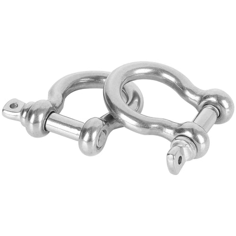 Close-up of two stainless steel D ring shackles from the 14 Pcs Clevis Shackle Set Five Sixteenth Inch Screw Pin Bow D Ring Shackles Stainless Steel 304 Heavy Duty For Anchor Towing Off Road Recovery M8 Chain Shackles.