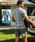 Man wearing ergonomic back support with built-in strips for pressure relief outdoors near car