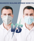 Comparison of KN95 Face Masks Pack of Fifty, Five Ply Disposable Masks, Breathable Comfy Fit, All Day Wear, High Filtration With At Least 95 Percent Efficiency, White, Made in USA and standard blue surgical mask on two men wearing glasses.