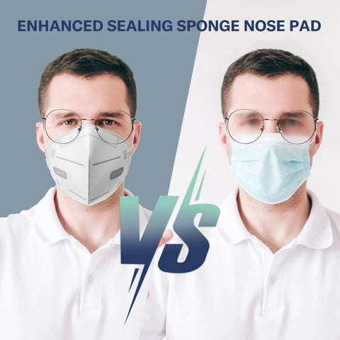 Comparison of KN95 Face Masks Pack of Fifty, Five Ply Disposable Masks, Breathable Comfy Fit, All Day Wear, High Filtration With At Least 95 Percent Efficiency, White, Made in USA and standard blue surgical mask on two men wearing glasses.
