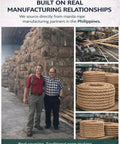 Warehouse with large coils of Natural Manila Rope 3 Strand Twisted Fiber for Landscaping and Decor, men standing beside ropes.