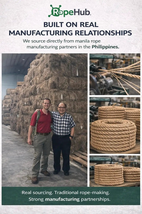 Warehouse with large coils of Natural Manila Rope 3 Strand Twisted Fiber for Landscaping and Decor, men standing beside ropes.