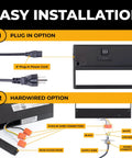 Easy installation steps for Under Cabinet Lighting Kit With 3 CCT Options, 32 Inch Black Finish, showing plug in and hardwired options.