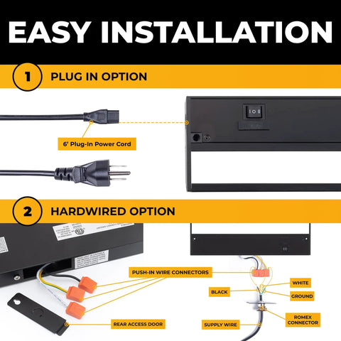 Easy installation steps for Under Cabinet Lighting Kit With 3 CCT Options, 32 Inch Black Finish, showing plug in and hardwired options.