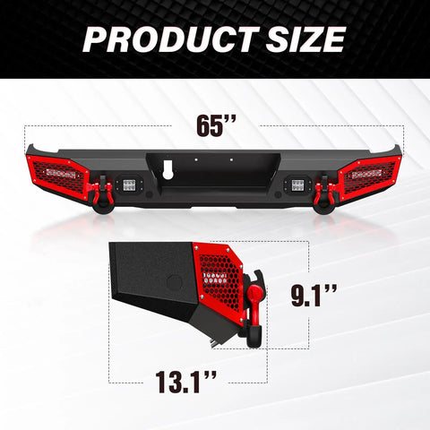 Heavy Duty Steel Front And Rear Bumper Kit For Jeep Gladiator JT dimensions showing 65 inch width and 9.1 inch height.