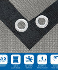Close-up of Outdoor Shade Cloth 7x13 Feet With Grommets, 90 Percent UV Block Privacy Screen, grey with grommet detail, breathable fabric.