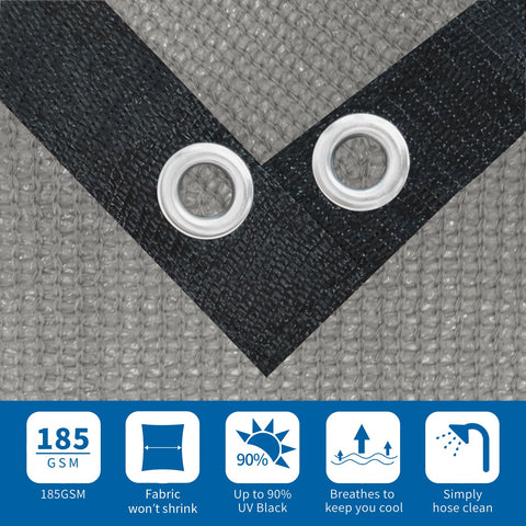 Close-up of Outdoor Shade Cloth 7x13 Feet With Grommets, 90 Percent UV Block Privacy Screen, grey with grommet detail, breathable fabric.