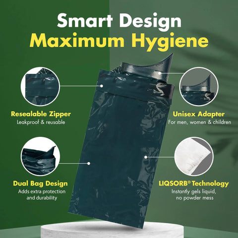 Adventurer Resealable Disposable Urinal Bags For Travel Emergency Camping And Car Trips Leak Proof Hygienic Odorless All Genders And Ages 18 Pack shown with features like resealable zipper, unisex adapter, dual bag design, and LIQSORB technology.