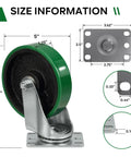 ASOMWLS 5-inch swivel caster with green polyurethane tread and mounting plate; 550 lb capacity