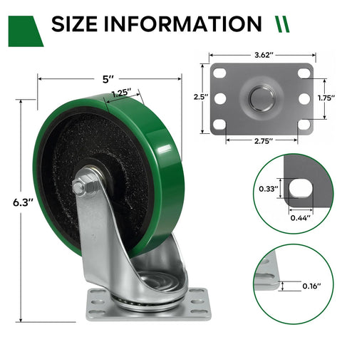 ASOMWLS 5-inch swivel caster with green polyurethane tread and mounting plate; 550 lb capacity