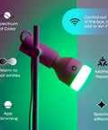 Two Pack A19 Smart LED Bulbs Color Changing RGB and Warm White 1100 Lumens Dimmable Tunable Lighting for Your Smart Home Matter Ready Works with Apple HomeKit Alexa and Google Assistant, showcasing spectrum and control features.