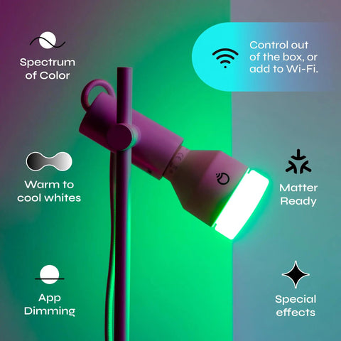 Two Pack A19 Smart LED Bulbs Color Changing RGB and Warm White 1100 Lumens Dimmable Tunable Lighting for Your Smart Home Matter Ready Works with Apple HomeKit Alexa and Google Assistant, showcasing spectrum and control features.