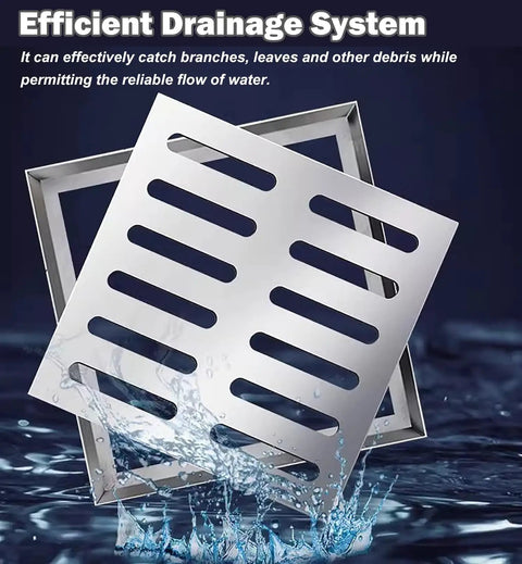 Heavy Duty 304 Stainless Steel Drain Grate With Base Built Like A Tank Rock Solid Outdoor Catch Basin Cover Jobsite Ready For Yard Deck And Garden Kicks Out Debris Flows Smooth 60X60 Cm with water splashing around it.