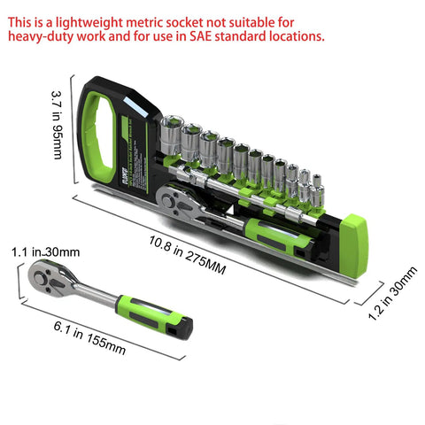 Quarter Inch Drive Ratchet Socket Set with Metric 4mm to 14mm Sockets, Quick Release Ratchets, and Portable Organizer Case.