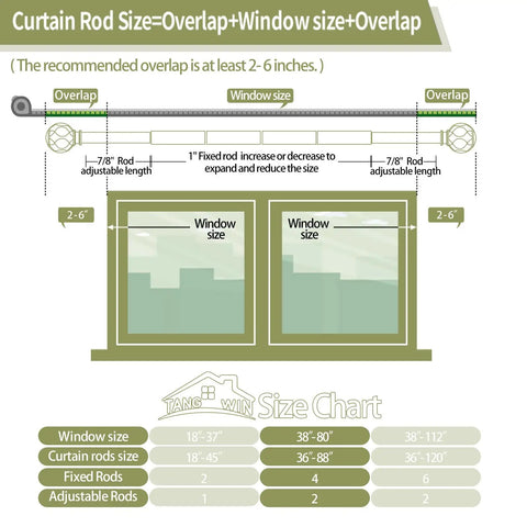 Farmhouse Curtain Rods For Windows 36 To 88 Inches Heavy Duty Adjustable Drape Rod With Vintage Coastal Texture Finials Antique White Finish For Bedroom And Living Room size chart diagram showing adjustable length and overlap measurements.