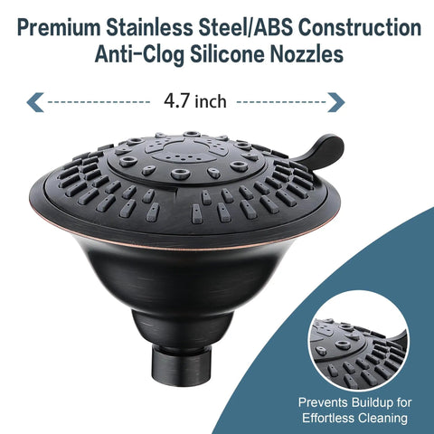 Close-up of 4.7 inch Oil Rubbed Bronze High Pressure Rain Shower Head with anti-clog silicone nozzles and ABS construction.