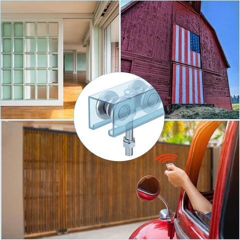 Two Pack Track Roller Wheels For Beam Trolley System, Sliding Door Roller Track Wheels With Box Rail Strut Channel, Built Tough Heavy Duty Steel Bearings, Smooth Quiet Operation, 440 lb Capacity shown in various door applications, including barn and sliding doors.